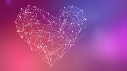 A geometric heart shape made of white lines and dots on a pink and purple gradient background