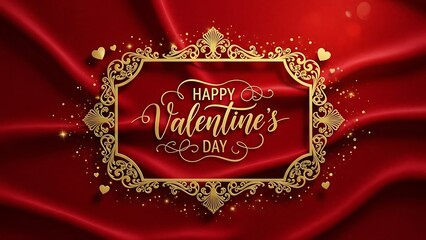 Elegant golden frame with a valentine s day message on a red silk background
