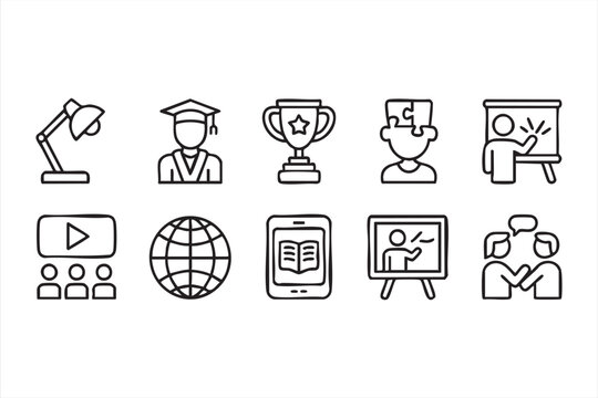 Education elearning icons for course dashboards, virtual classroom UI, training apps