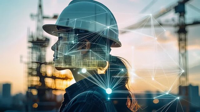 夕日の建設現場を背景に立つ女性作業員が産業の未来を見据える姿