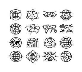Global Alliances Icons. Global Regional Alliances. Line icon set of Global Regional Alliances: world regions connection, global network nodes, regional blocs