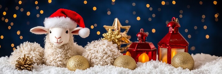 Festive Holiday Warmth with Charming Sheep in Santa Hat Surrounded by Christmas Decorations