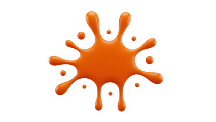 Glossy orange liquid splash or paint blob with drops isolated on white background for graphic design elements