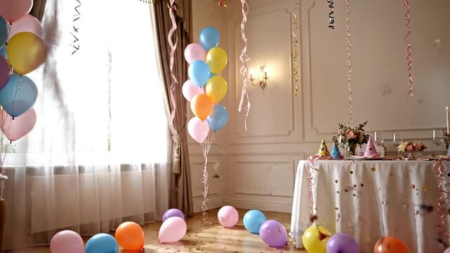festive indoor party room filled with colorful balloons floating and resting on floor pastel color palette pink blue yellow orange purple balloons soft fabric ribbons and confetti hanging from ceiling