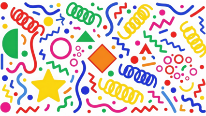 Vibrant abstract Memphis pattern with colorful geometric shapes spirals and confetti on white background for modern design