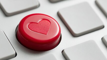 A red heart button on a white keyboard symbolizing love and affection in technology and online communication