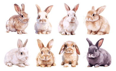 Watercolor cute bunny set. Easter symbol white, brown and grey rabbit for greeting cards and decoration, vector illustration