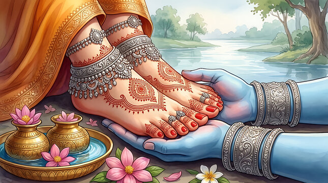 Lord krishna blue hands holding decorated feet of radha with henna and silver anklets near river bank scenery for religious spiritual concept art background