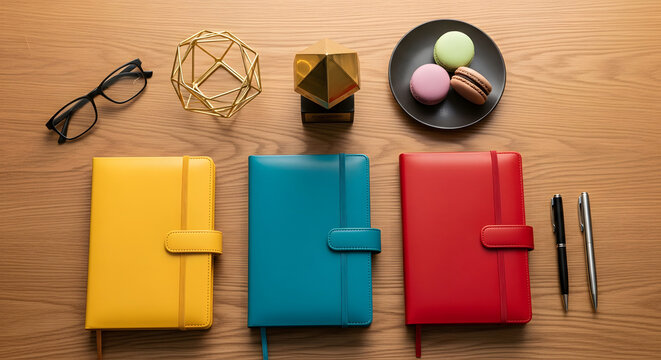 Three colorful notebooks, glasses, geometric objects, and macaro