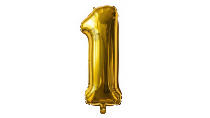 Large gold metallic foil balloon number 1 isolated on white background for first birthday or anniversary milestone