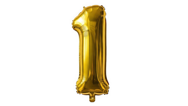 Large gold metallic foil balloon number 1 isolated on white background for first birthday or anniversary milestone