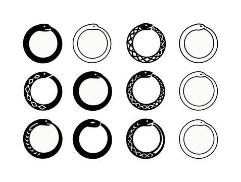 Mythical Icon Grid. Religious myths and their cultural importance. Icon set. Set Logo of Religious myths and their cultural importance: Cosmic serpent ring: