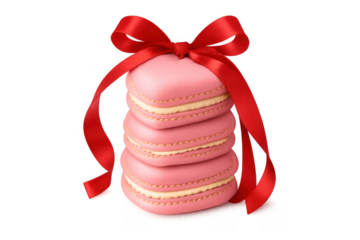 Pink heart macarons tied with red ribbon bow