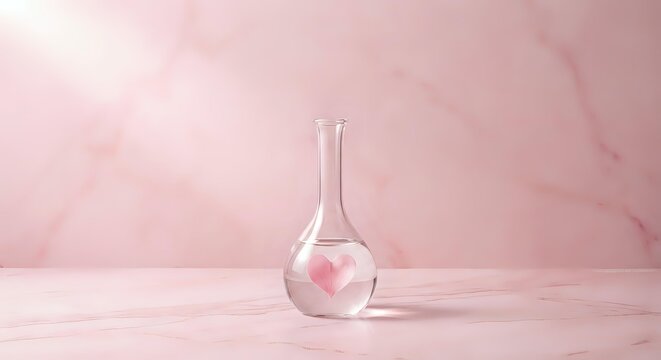 Glass flask with pink heart floating inside on marble surface against soft pink background for romantic chemistry and love concept.