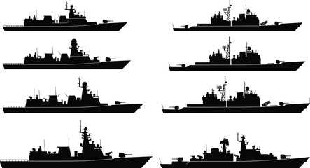 Military warship silhouette collection showing modern navy destroyer frigate vessels isolated black vector illustration set for defense design © Creative Soul
