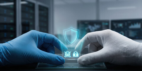 Ai data leakage protection concept with gloved hands securing digital information and shield icon representing cybersecurity and privacy