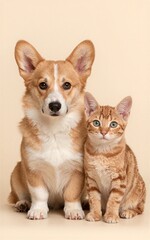 Obraz premium Corgi puppy and ginger cat sit together, looking at camera against soft beige background.