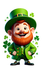 Cheerful leprechaun wearing green suit and hat surrounded by shamrocks on white background