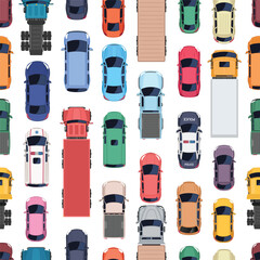 Seamless top view pattern of cars and trucks. Road transport from above. Vector illustration