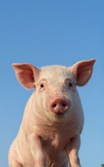 Fototapeta premium Adorable pink piglet perched on dark fabric, gazing curiously against clear blue sky.