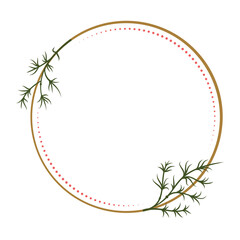 Seasonal round frame with evergreen botanical accents. Winter decorative border.