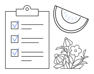 Task management, productivity, minimalist design, floral elements, organization, healthy habits. A checklist with ticked boxes, a floral sketch and a watermelon slice. Task management