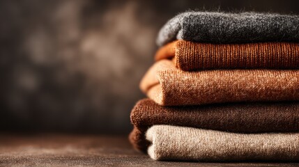 Textile Pile: A collection of meticulously stacked textiles, each displaying distinct textures and warm tones. The visual emphasizes the tactile nature, inviting a feeling of coziness and detail.