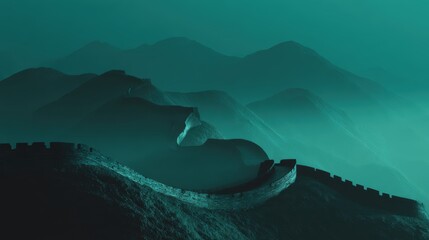 Great Wall in Mist: Majestic architecture curves through misty mountain landscape, evoking a sense of ancient history and enduring strength. 