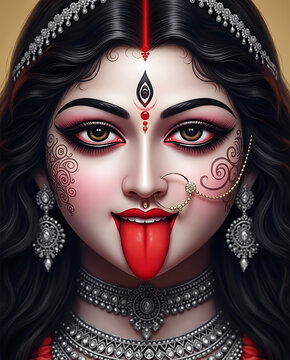 Hyper realistic portrait of hindu goddess kali with red tongue and intense eyes wearing traditional jewelry for spiritual and religious mythology concept art design