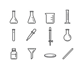 Obraz premium Laboratory Glassware Icons. Laboratory Glassware. Line icon set of Laboratory Glassware: volumetric flask, Erlenmeyer flask, beaker, graduated cylinder, test