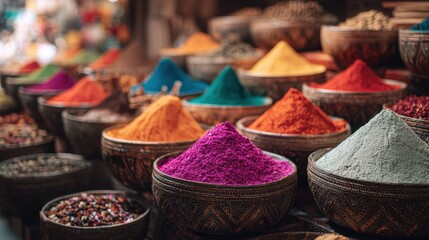 Vibrant Spice Market Display: A vivid array of aromatic spices and herbs, artfully arranged in rustic bowls. Capturing the essence of a colorful, exotic marketplace.
