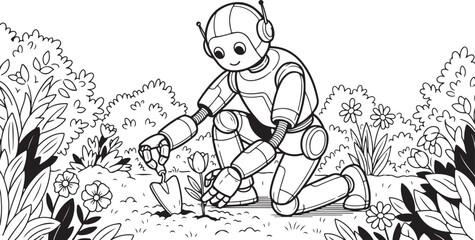  coloring book A robot planting flowers in a garden thick line art  in black and white in white background 