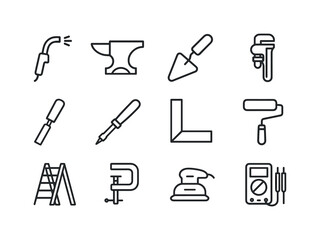 Skilled Trades Icons. Skilled trades. Line icon set of Skilled trades: welding torch, anvil, trowel, pipe wrench, chisel, soldering iron, carpenter square,