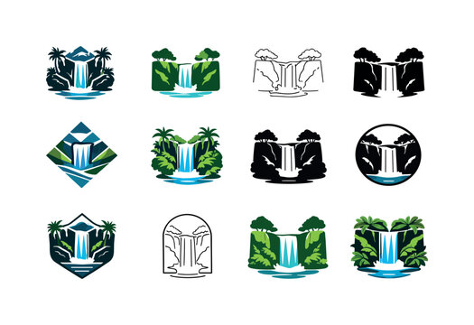 Jungle Logo Variations. wild jungles. Icon set. Set Logo of wild jungles: waterfall in rainforest. harmonious logo variations of the same emblematic concept,
