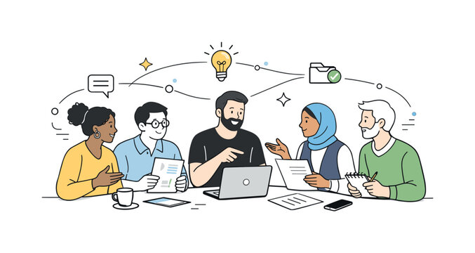 Diverse Team Collaboration. Diverse team collaboration. Group of professionals with different backgrounds working together around a shared table, exchanging