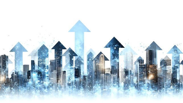 Modern city skyline with upward arrows showing urban growth and real estate development trends for business presentations and economic reports.