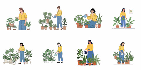 Fototapeta premium Collection of women illustrations watering various indoor houseplants, showcasing plant care, gardening hobby, and biophilia.