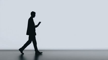 Silhouette of a businessman walking and using a digital tablet or e-reader against a bright, minimalist background.