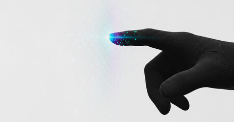Futuristic black glove touching digital space, representing metaverse, VR interaction, and future technology concept.