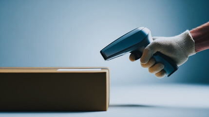 Close-up of worker hand in glove scanning barcode on cardboard shipping box using handheld scanner, symbolizing logistics, inventory management, e-commerce delivery, and supply chain tracking.