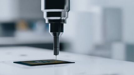 Automated CMM probe testing semiconductor chip. Microelectronics quality control, precision manufacturing, and advanced technology concept.