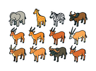 Fototapeta premium Savanna Herbivore Icons. Savanna herbivores. Colorful isometric vector icons set of savanna herbivores: elephant, giraffe, zebra, wildebeest, impala, gazelle,