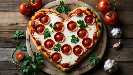 Warm romantic mood featuring a heart-shaped artisanal pizza flat lay; peach-ivory cheese, coral toppings, soft daylight, minimalist luxury food style with large copy space for modern branding.