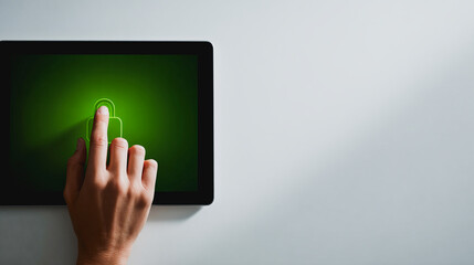 Hand touching digital tablet screen with glowing green padlock icon, symbolizing cybersecurity, privacy, and data protection