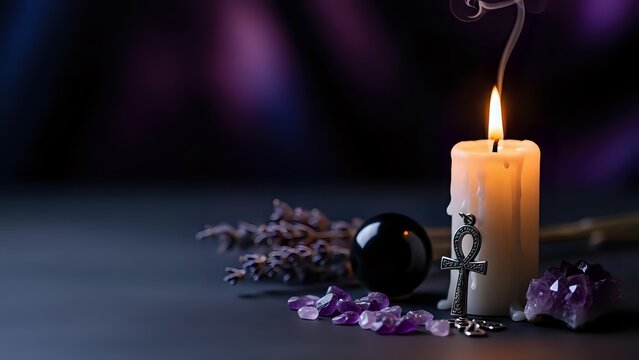Mystical altar setup with burning candle, crystal ball, amethyst gems and lavender herbs on dark surface for spiritual rituals and fortune telling practices.