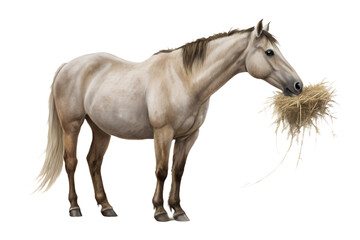 Obraz premium Ultra realistic horse eating hay, full body or medium shot, calm standing posture, horse chewing dry hay, realistic mane and fur texture, natural proportions, soft studio lighting, neutral expression,