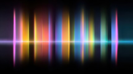 Abstract rainbow light bars with smooth gradients and glossy reflections fading into deep darkness for a modern neon look.
