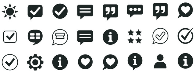 Fototapeta premium Approved checkmark box and social media message, chat and quote icons, vector illustration of speech bubbles, approval ticks, comment symbols, thinking and messaging concepts for UI UX design.