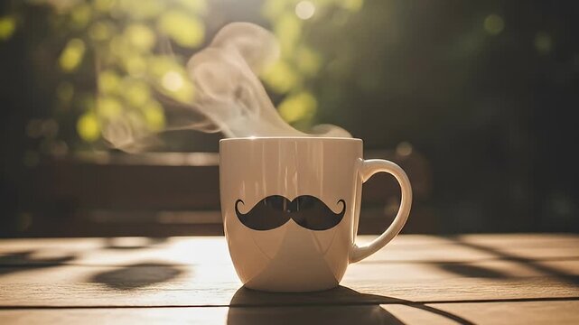 Steaming Coffee Mug with Mustache Design Outdoors.