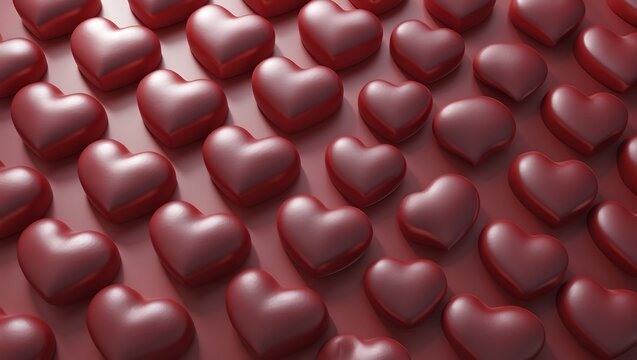 Romantic luxury mood with seamless embossed heart pattern; deep neo-red and crimson tones, soft diffused lighting, minimalist modern style, ideal for premium branding, backgrounds, and campaigns.